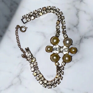 Vintage Faux Pearl Rhinestone Silver Tone Tennis Bracelet